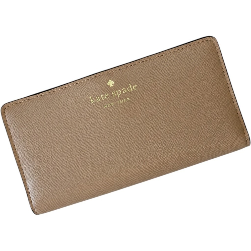 Kate Spade New York Tan Saffiano Leather Slim Bifold Wallet Gold Logo Minimalist